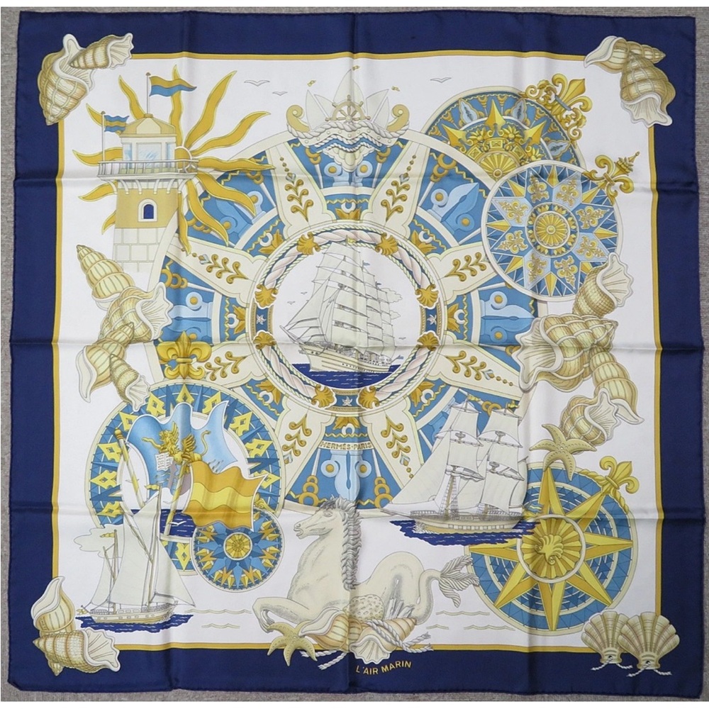 Hermes Blue And Gold Nautical Silk Scarf